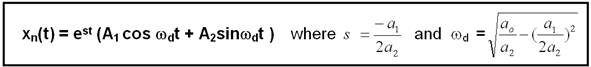 Equation:   xn(t) = exp(st) (A1 cos wdt + A2sinwdt )  where  s = -a1/2a2  and  wd  = sqrt [ a0/a2 - (a1/2a2)^2 ]