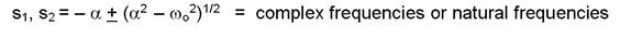 s1, s2 = – alpha  +/-  sqrt[alpha^2  – omega0^2]  =  complex frequencies or natural frequencies